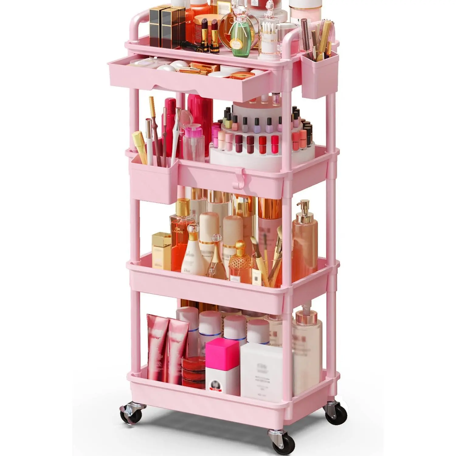4-Tier Rolling Makeup Cart Organizer with Drawer and Lockable Wheels, Pink Vanity Storage and Cosmetics Display for Skincare, Perfume, and Nail Polish,Voice