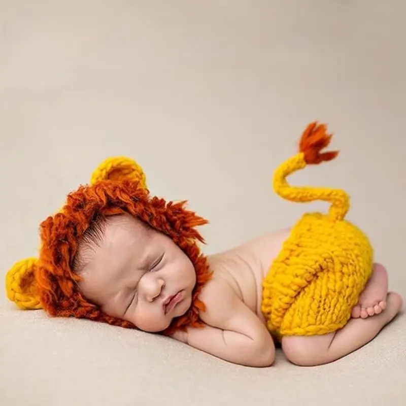 Baby Newborn Photography Prop Baby Handmade Crochet Knitted Costume Outfit Christmas Lion Cap and Pants Set Baby Photo Props