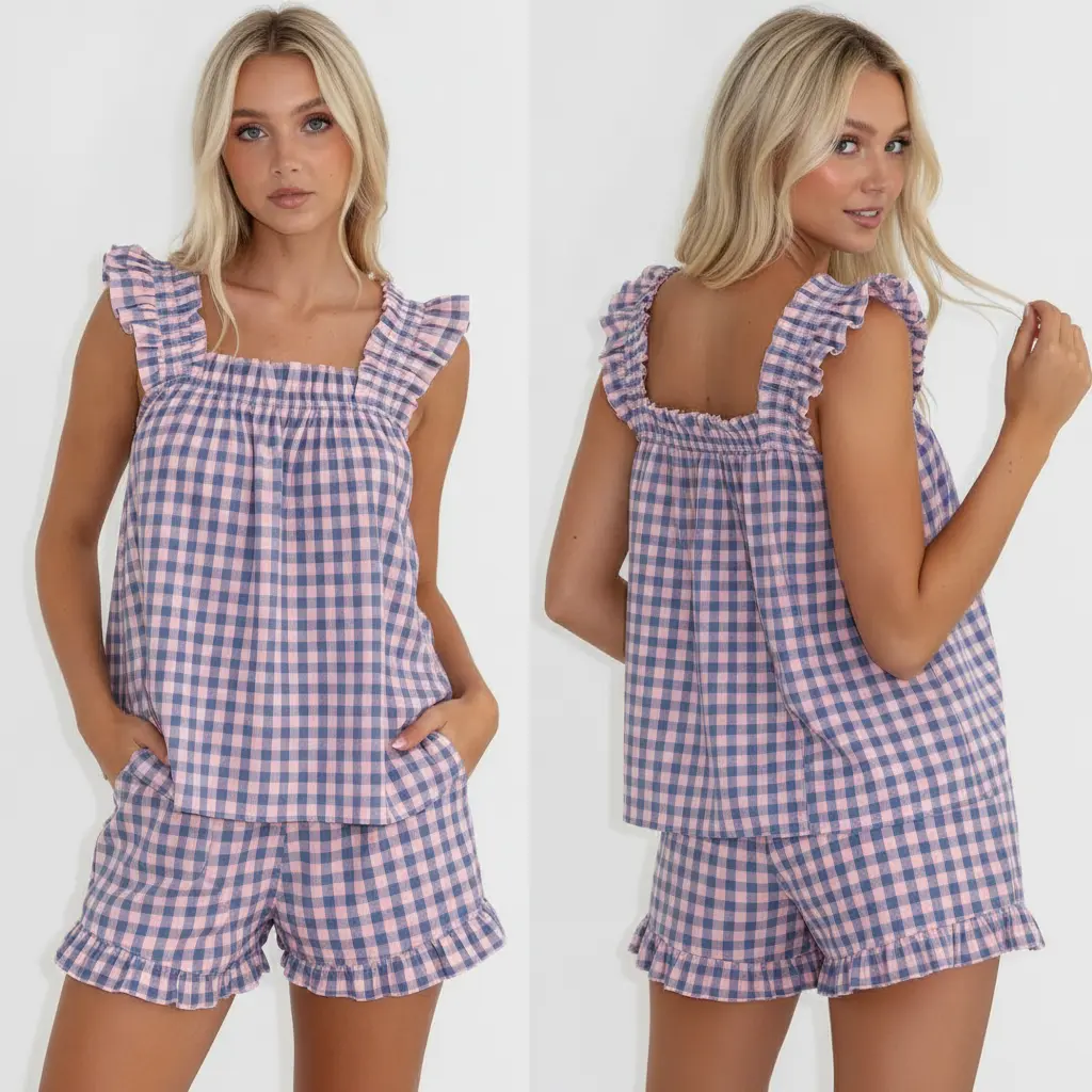 Women's 2-Piece Gingham Plaid Pyjamas Set - Lady's Ruffle Spaghetti Strap Square Neck Smocked Cami Top, Elastic Waist Shorts, Polyester-Cotton Linen Blend, Lightweight Breathable Loose-Fit Summer Loungewear Nightwear