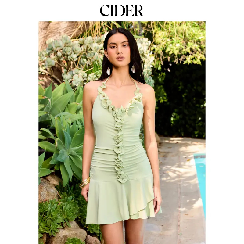 Cider High Stretch Halter Neckline Ruched Ruffled A-line Mini Dress SohoChic