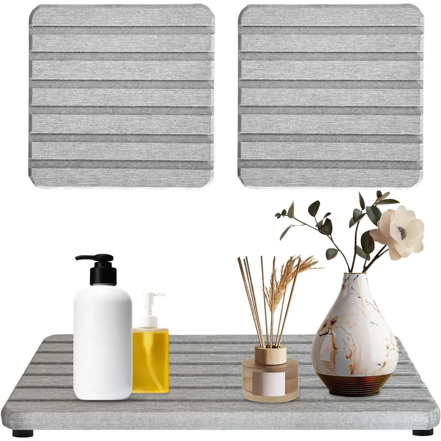3 count Diatomite Stone Tray Set, Large Soap Holder & 2 Square Coaster Mats for Bathroom Kitchen Counter, -Absorbing Sink Organizer with Non-Slip , 8.3x4 & 4x4 Inches