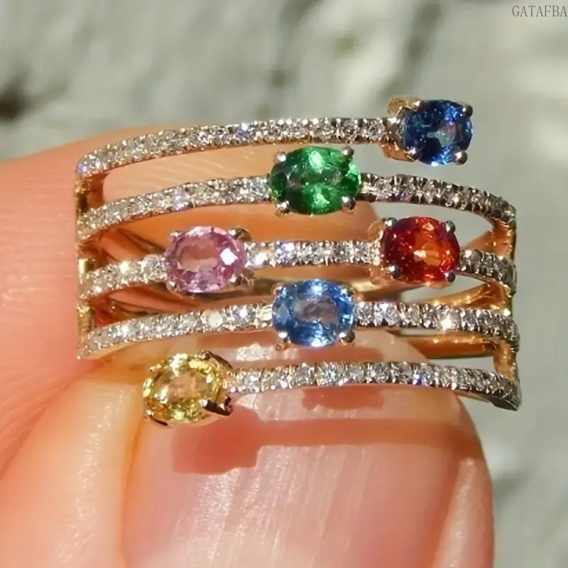 Women's European-Style New Shiny Multi-Color Simulated Coloured Gemstone Ring, Creative Female Finger Accessory for Sports & Outdoor Enthusiasts, Synthetic/Simulated Coloured Gemstone