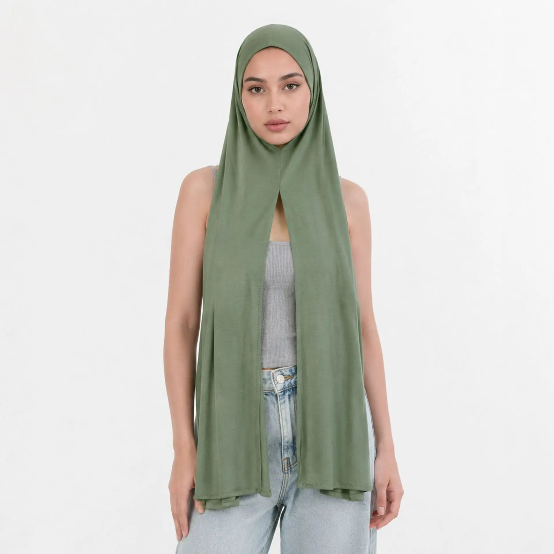 Effortless Sage Green Instant Jersey Hijab Scarf Pinless Slip On Head Wrap Breathable Built In Undercap Modest Everyday Comfort Drape Headwear