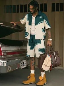 Men's 2 Piece Y2K Outfits Abstract Wave Print Cropped Button Down Shirt And Drawstring Shorts Set Casual Summer Vacation Daily Wear