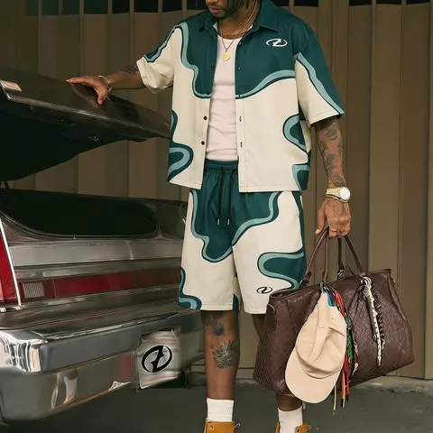 Men's 2 Piece Y2K Outfits Fashion Abstract Wave Print Cropped Button Down Shirt And Drawstring Shorts Set Matching Sets Casual Summer Vacation Daily Wear