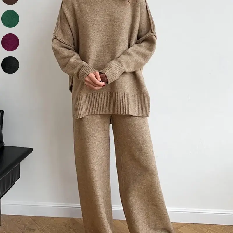 Women's 2 Pcs Solid Color Sweater Set for Autumn Winter, Long Sleeve High Neck Turtle Neck Turtleneck Drop Shoulder Pullover Sweater and Wide Leg Pants, Women's Fall Outfits, Loose Casual Loungewear Set Womenswear