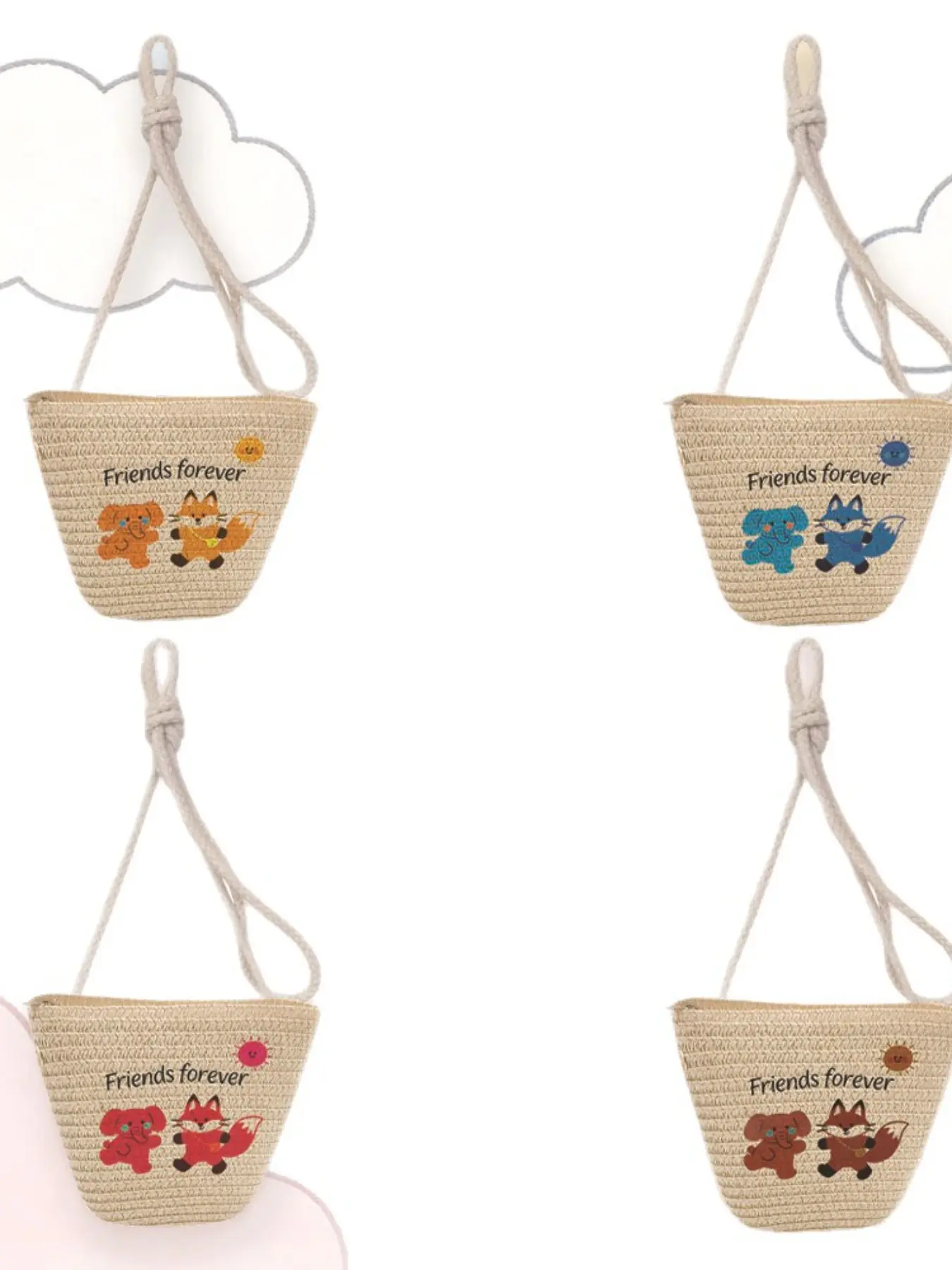 Mini Bucket Woven Straw Crossbody Coin Wallet, Cute Cartoon Elephant Fox Sun "Friends Forever" Letter Print Small Purse with Adjustable Knotted Rope Strap, Lightweight Summer Beach Shoulder Card Pouch for Women Teen Girls