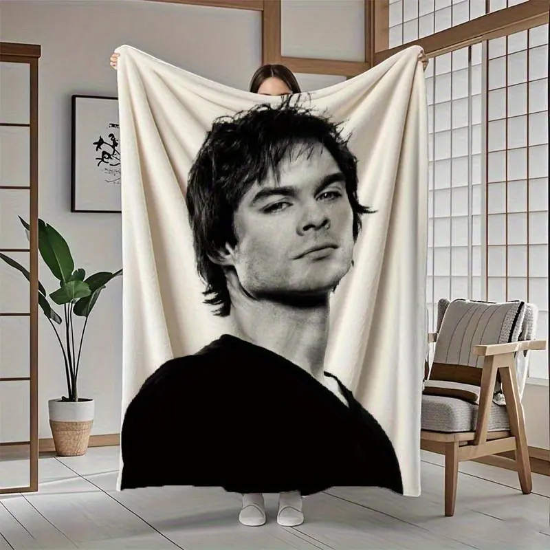 Damon Salvatore Black White Portrait Flannel Blanket The Vampire Diaries Ian Somerhalder Print Throw Blanket Soft Warm Sofa Bed Blanket TV Show Fans Gift