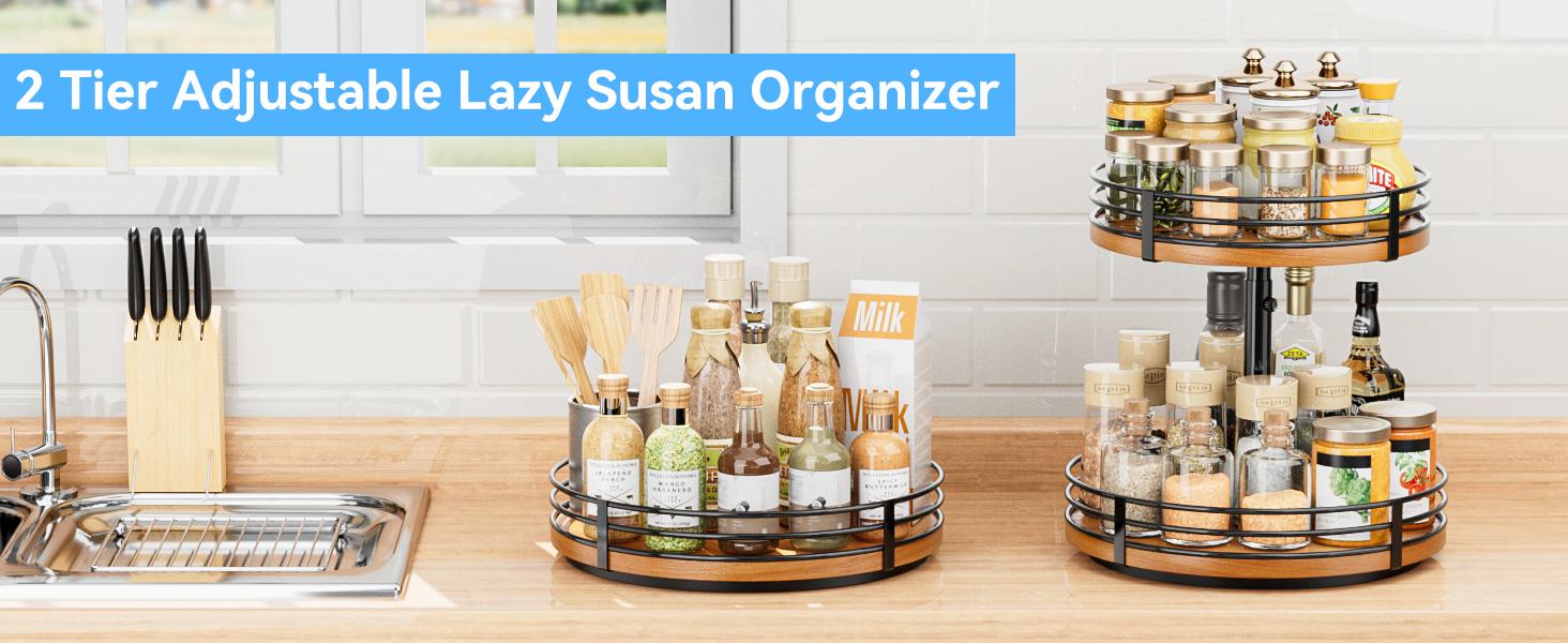 Lazy Susan Turntable Organizer Adjustable - 2 Tier Wood Rotating Spice Rack 12 Inch Lazy Susan for Kitchen Countertop Cabinet Pantry Cupboard Dining Table Bathroom Coffee Bar Home Storage