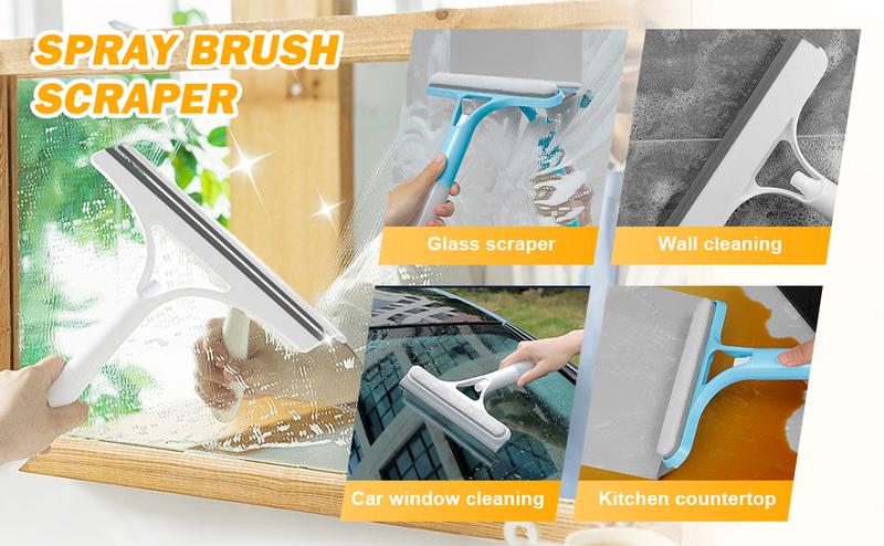 3 in 1 Window Cleaning Scraper, 2025 New Squeegee for Shower Glass, 3 in 1 Spray Function for Glass Doors for Windows Glass, Mirrors Scraper, Brush. All-Purpose Window Cleaner Tool (Blue)