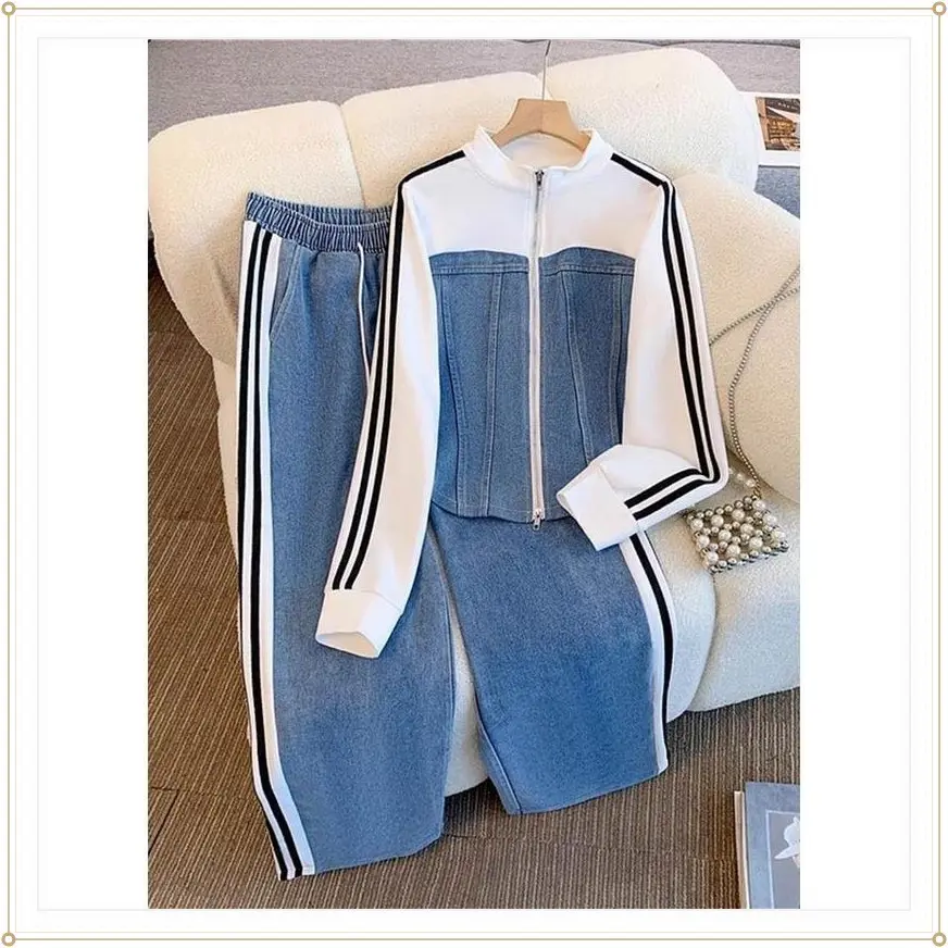 Women Preppy Style Patchwork Contrast Denim Sets Stand Collar Zipper Jackets Coats Elastic Jeans  Piece Suit Streetwear Comfort Clothes WomenswearGift