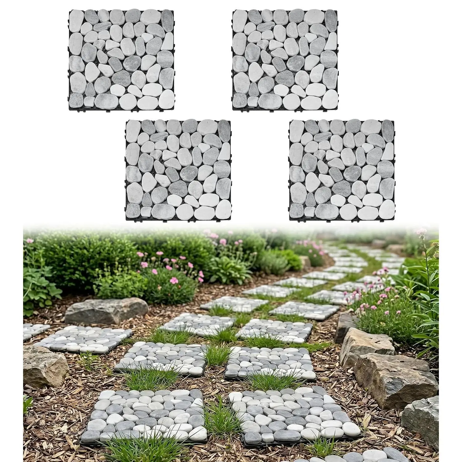 4 count Interlocking Stepping Stones Outdoor for Garden, 11.8" Square Pavers for Landscaping, Outside Pebble River Stone Mat for Yard Lawn Patio Pathway Walkway, DIY Landscape Decor - Light Grey