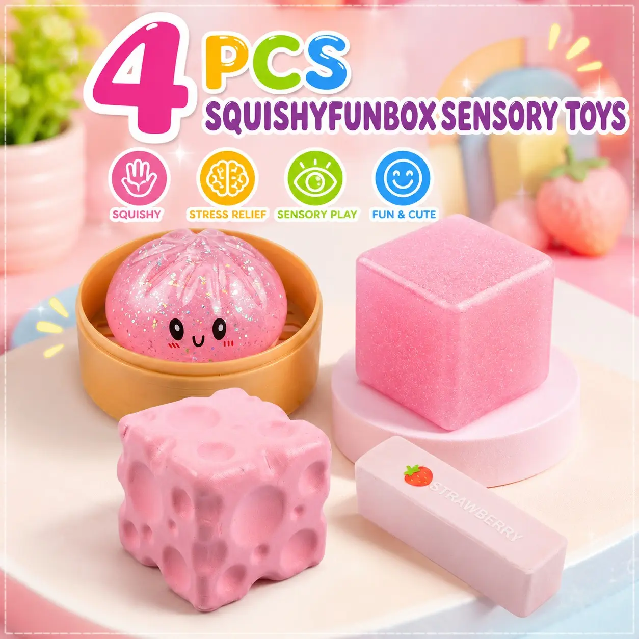 4-Pack Soft Squishy Toys, Mixed Slow & Fast Rebound Silicone Toys, Assorted Styles, Perfect Gifts for Kids' Day, Father's Day, Teacher's Day, Birthdays & Parties summerwins