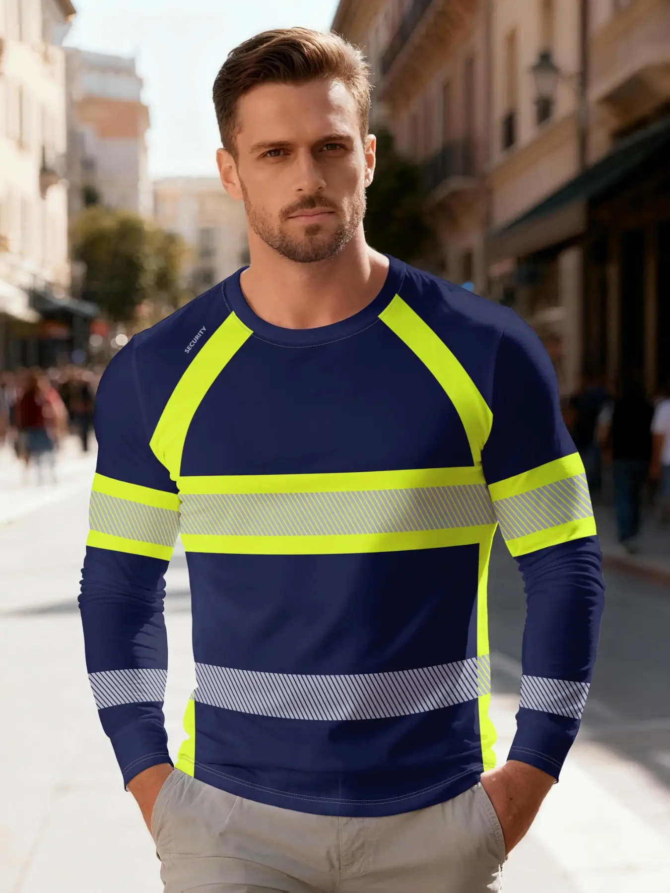 Men's Reflective Long Sleeve T-Shirt, Breathable Sweat-Wicking Workwear, Safety Warning Top, Striped Design, Eco-Friendly Comfortable Fabric