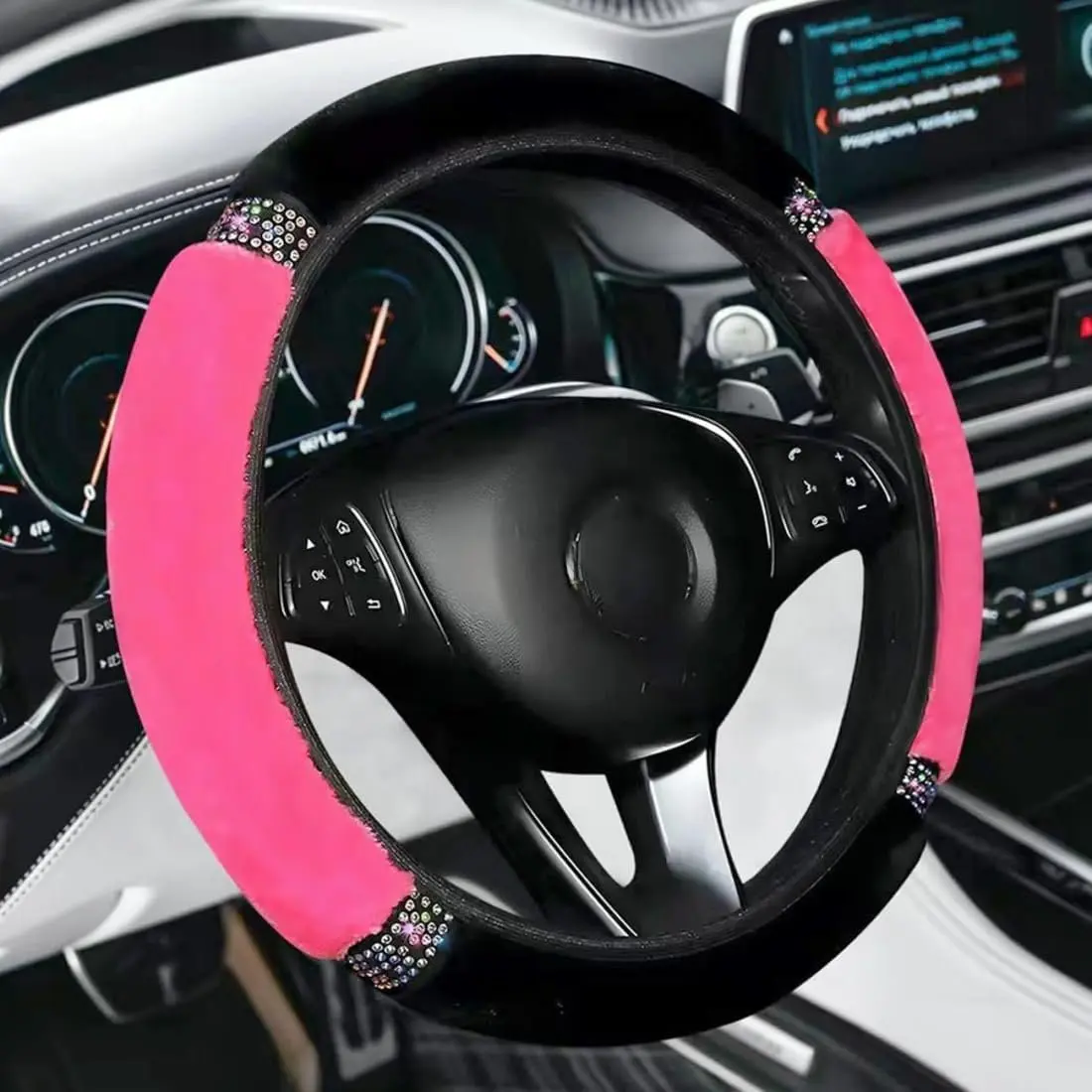 Short Plush  Steering Wheel Cover, 15 inches, Rose Red | Non-Slip Steering Wheel Protector with Bling  Rhinestones, Easy Installation Auto Accessories for Women Girls