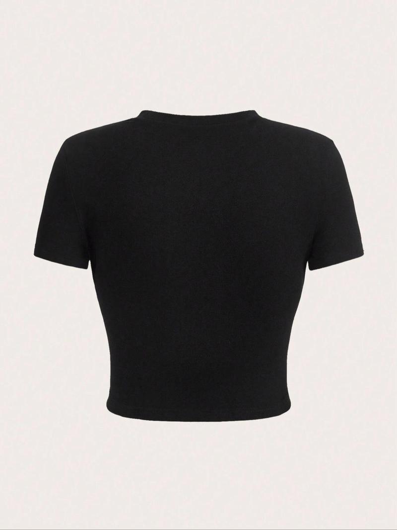 Women's Beverage Print Round Neck Crop Tee, Casual Short Sleeve Crew Neck T-shirt for Daily Wear, Summer Tops, Ladies Back To School Clothes for All Seasons