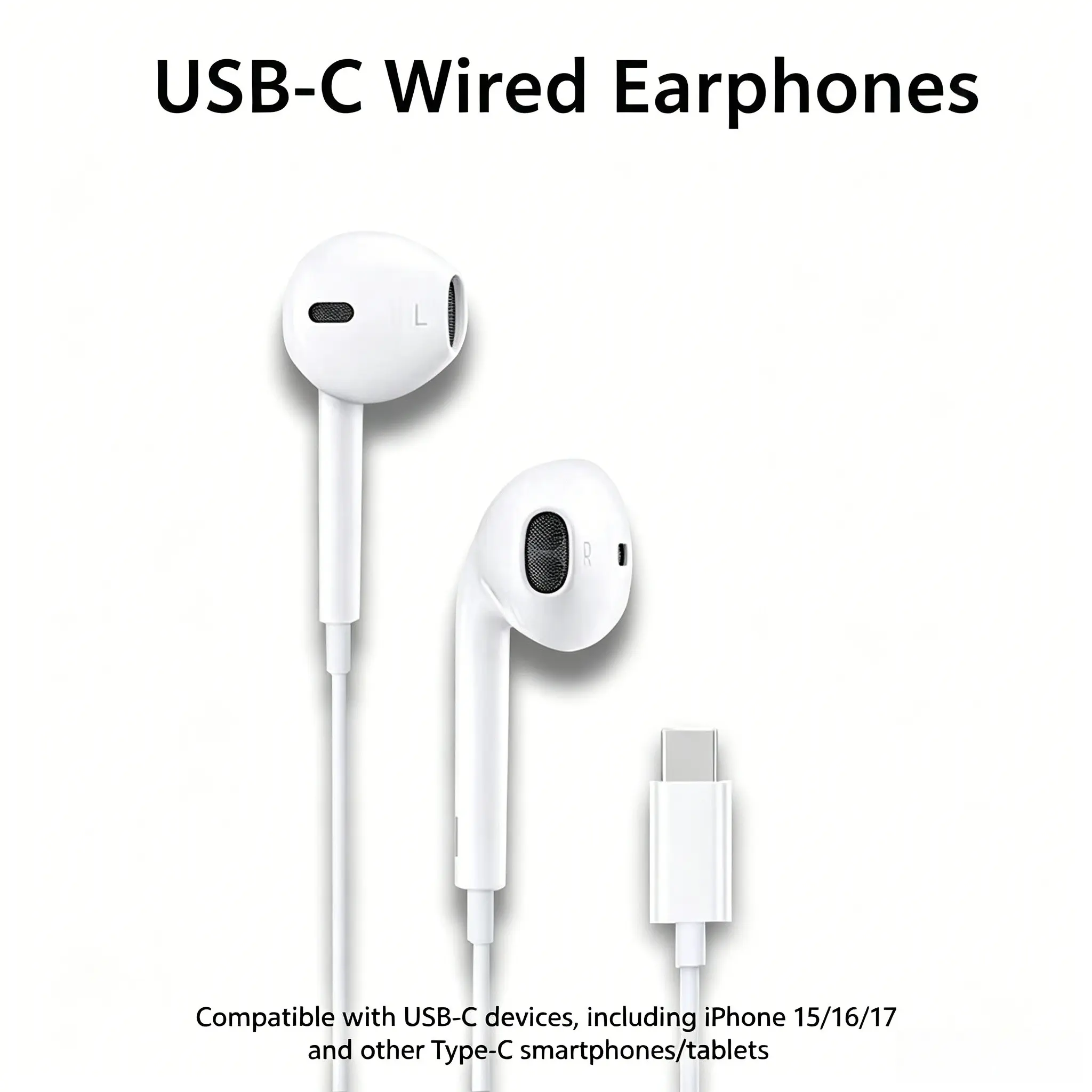 USB-C Wired Earphones with Volume Control, Compatible with USB-C Smartphones & Tablets