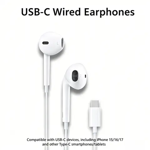 USB-C Wired Earphones with Volume Control, Compatible with USB-C Smartphones & Tablets, Wired Earbuds USB C