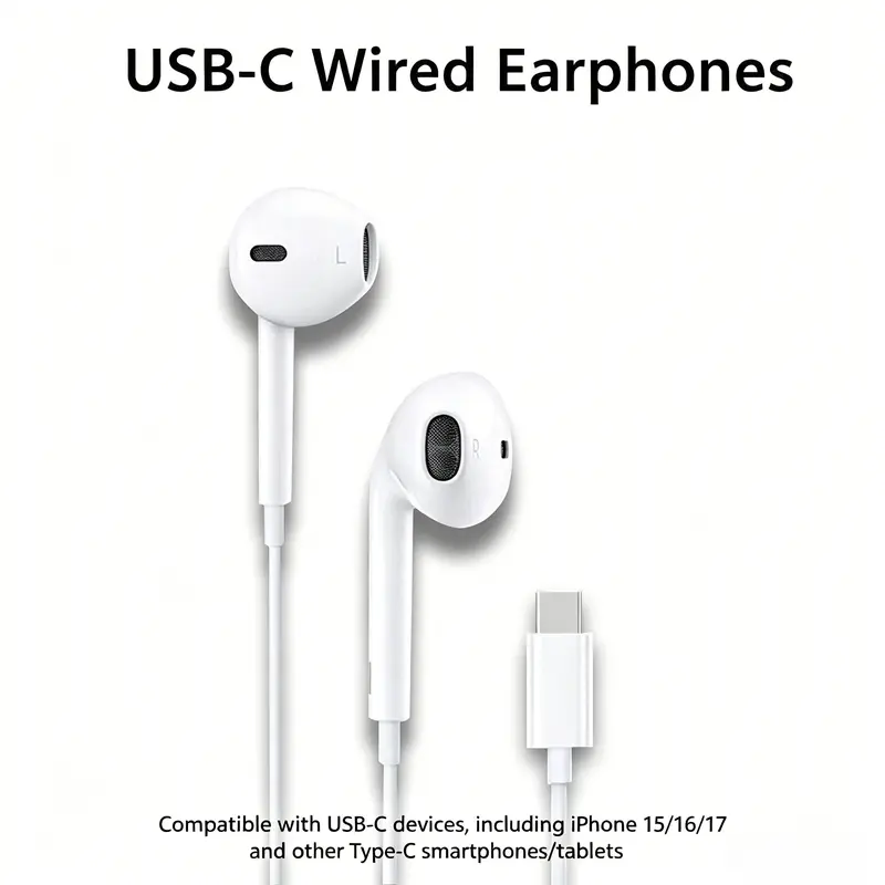 USB-C Wired Earphones with Volume Control, Compatible with USB-C Smartphones & Tablets, Wired Earbuds USB C