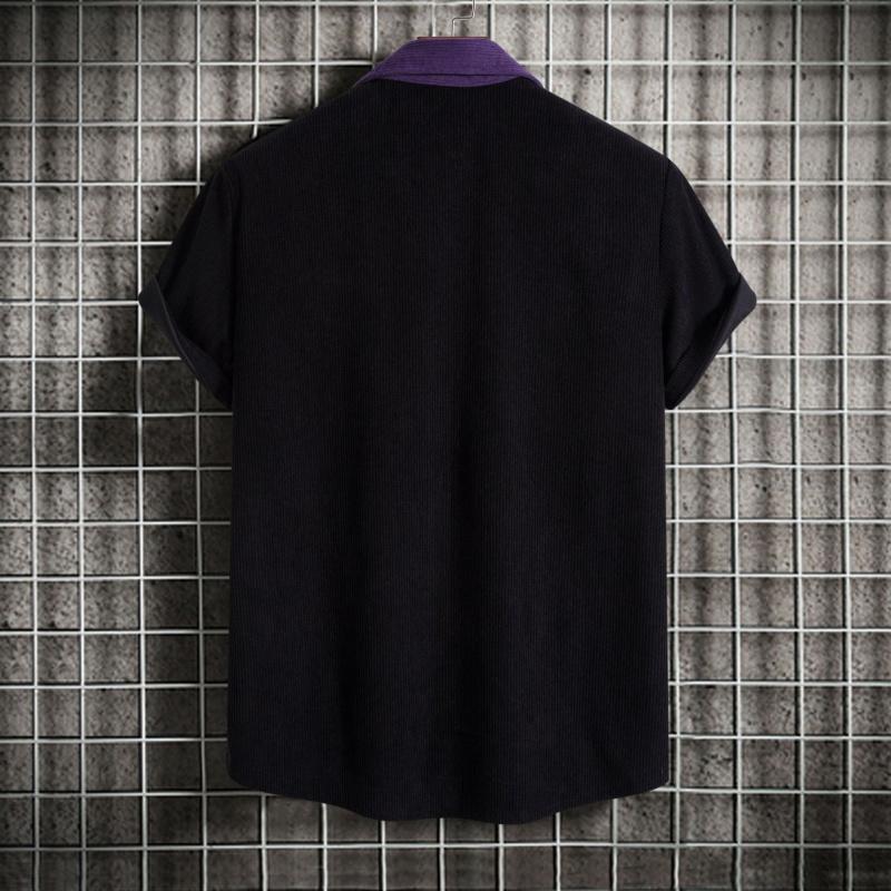 Men's corduroy color-block short-sleeve shirt, casual button-up shirt with chest pocket, vintage summer street style, soft and breathable, suitable for everyday wear