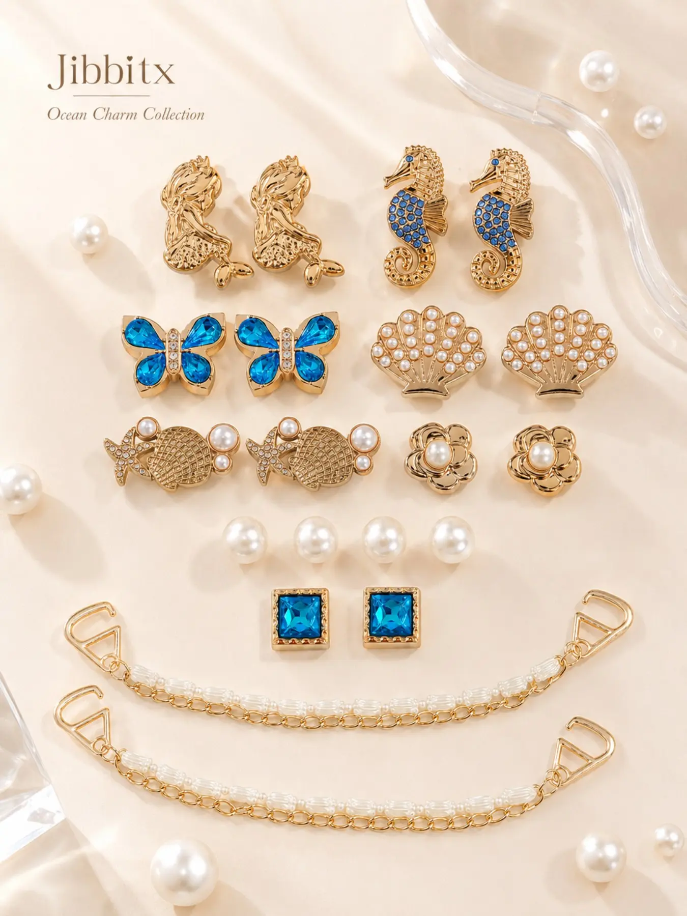 20pcs Ocean Theme Shoe Charms Set, Elegant Blue Gold Mermaid Seahorse Pearl Style, DIY Shoe Decorations, for Women Girls Clogs Sandals