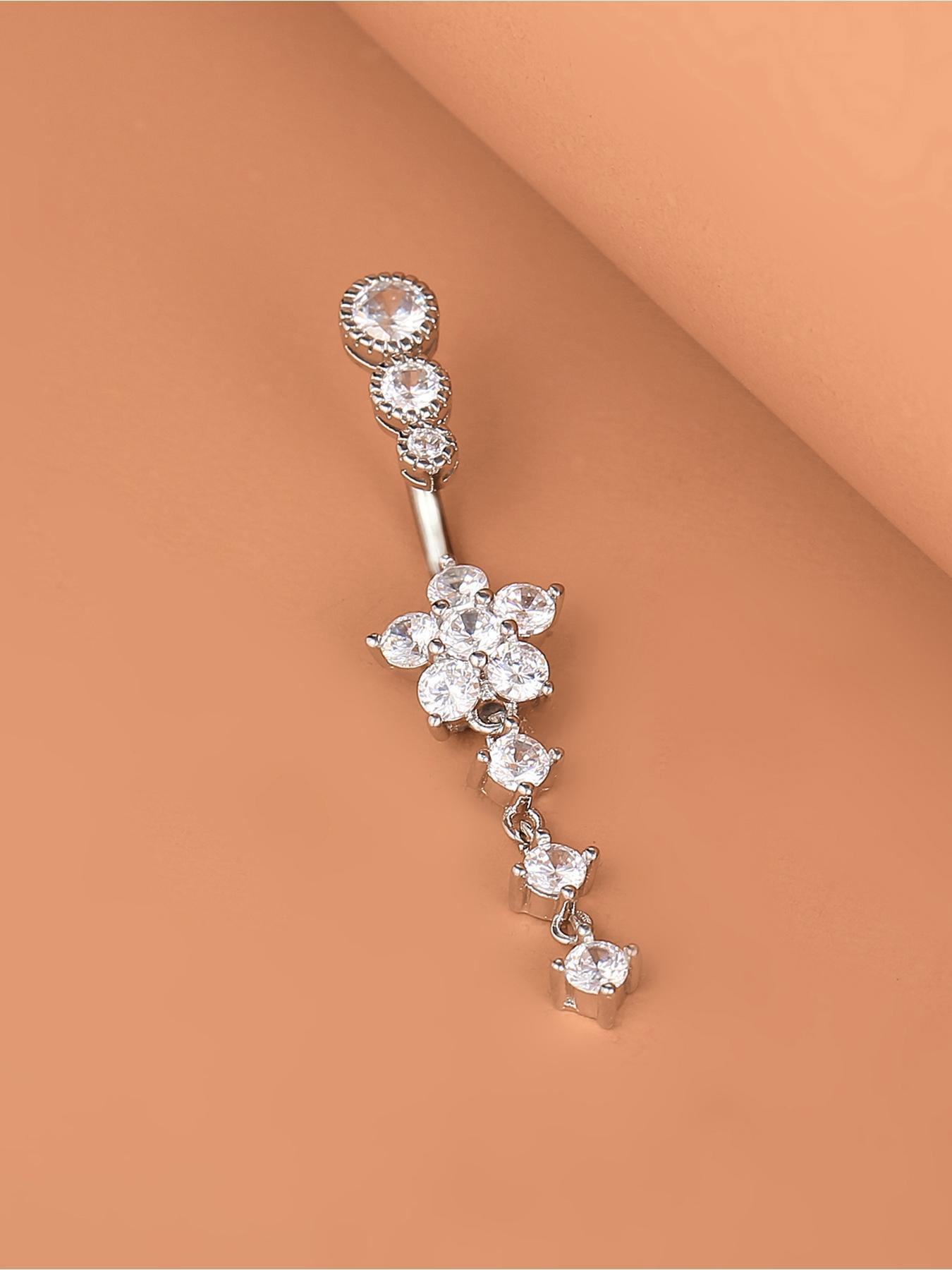 Flower Design Belly Ring, Elegant Rhinestone Decor Belly Piercing Jewelry for Women, Chic Body Jewelry, Fashion Accessories for Party, Daily Clothing Decor