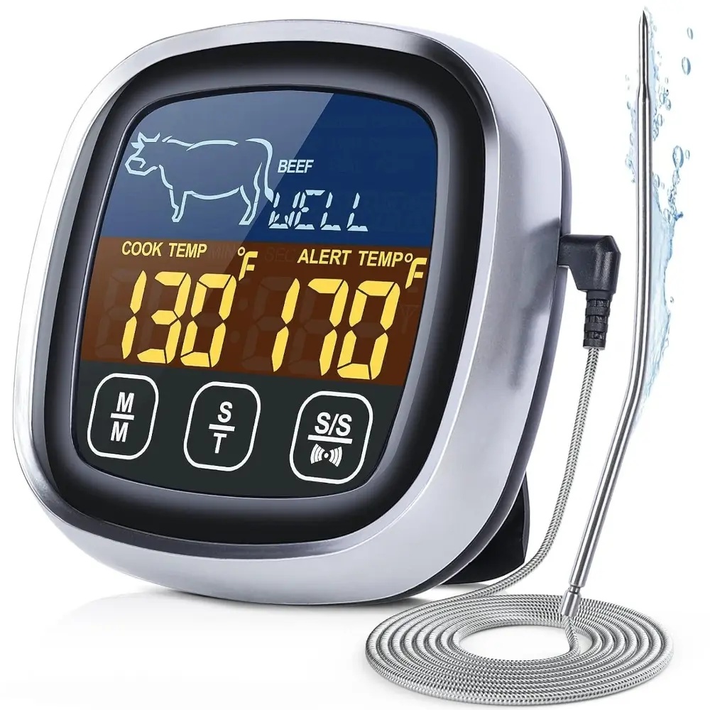 Digital Meat Thermometer with Touch Control, 8 Preset Meats & 5 Doneness Levels, Manual Temp Setting, Backlight Display, Timer with Alarm, Magnetic & Stand for Grill Oven Kitchen