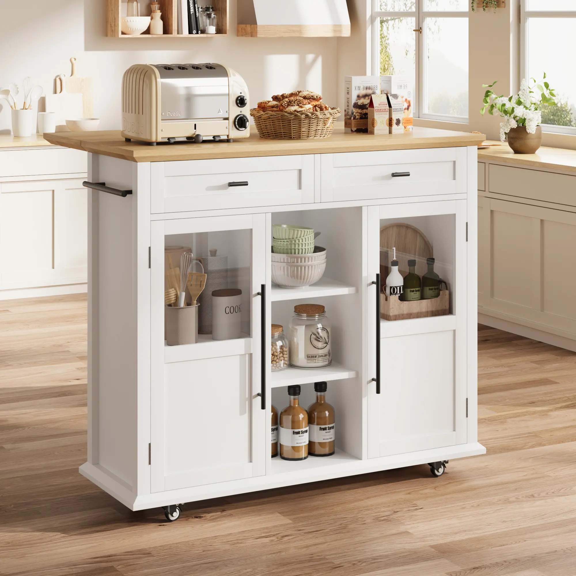 Space-Saving Mobile Kitchen Island Cart - 41'' Rolling Storage with Drop Leaf, Drawer, Shelves & Spice Rack, Rustic White & Natural Wood, Ideal for Small Spaces, Coffee Bar or Dining Room