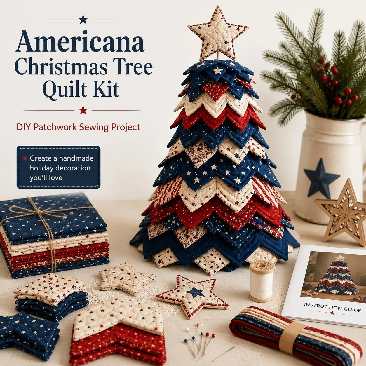 1 Set Americana Christmas Tree Quilt Kit, DIY Patchwork Sewing Craft Kit With Red White And Blue Star Pattern Fabric Pieces, Quilted Fabric Tree Decoration For Adult Beginners, Christmas Holiday Home Decor And Craft Projects