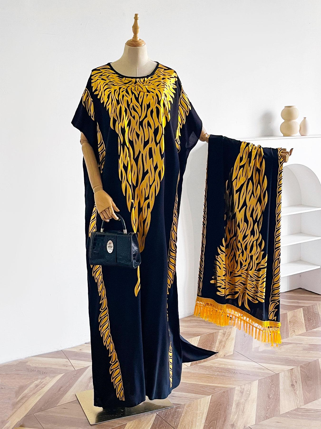 Women's Ethnic Pattern Long Sleeve Cape Dress, Boho Casual Shawl Collar Long Dress for Beach Vacation Holiday, Ladies Clothes for All Seasons, Boho Caftan, Boho Casual Kaftan