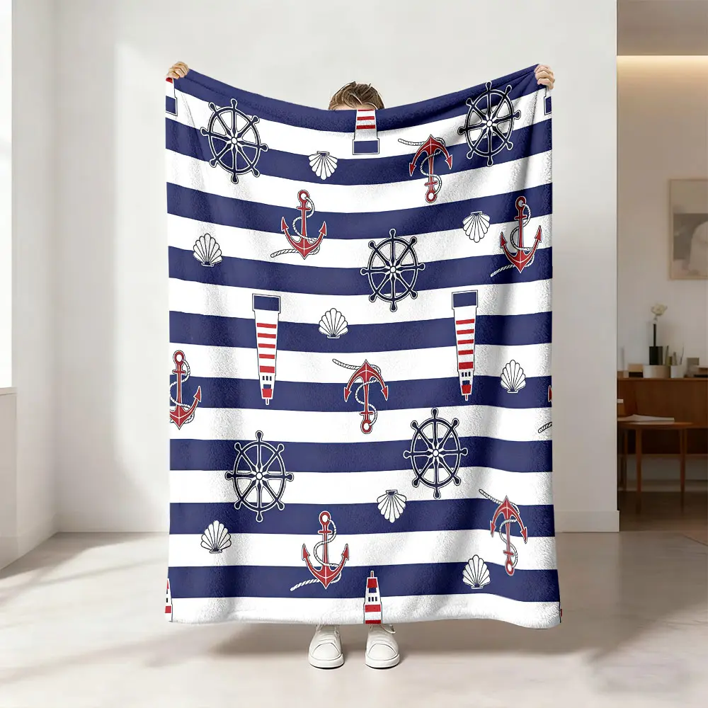 1 piece blue and white striped nautical-themed flannel blanket, soft and comfortable for use as a bed blanket, sofa blanket, camping blanket, and for various other purposes. Suitable for all seasons.