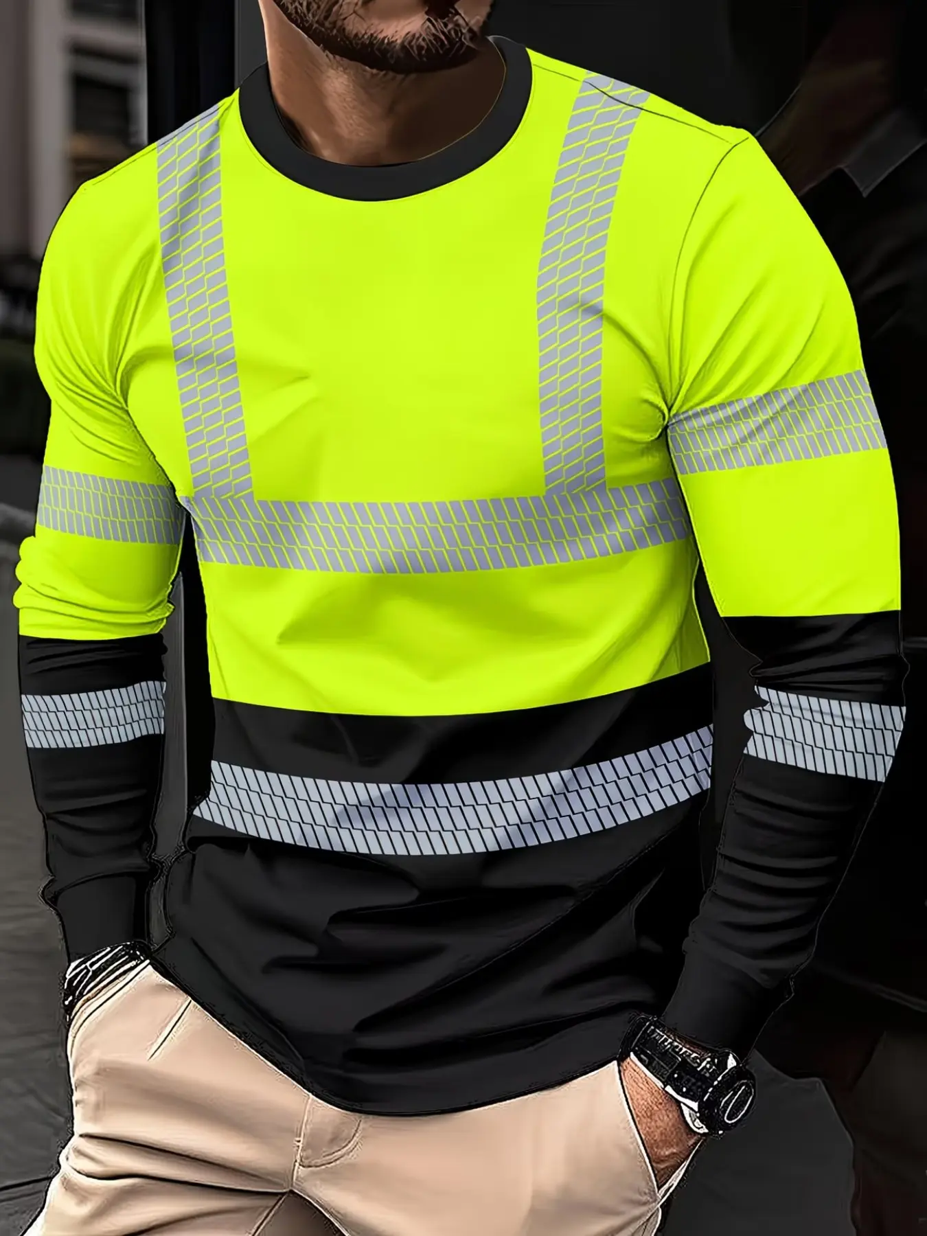 Men's Sport Long Sleeve T-Shirt, Patchwork Breathable Top, Fashion Print, Spring & Fall, Perfect Gift, Athletic Tee, No Fluorescent Stripes