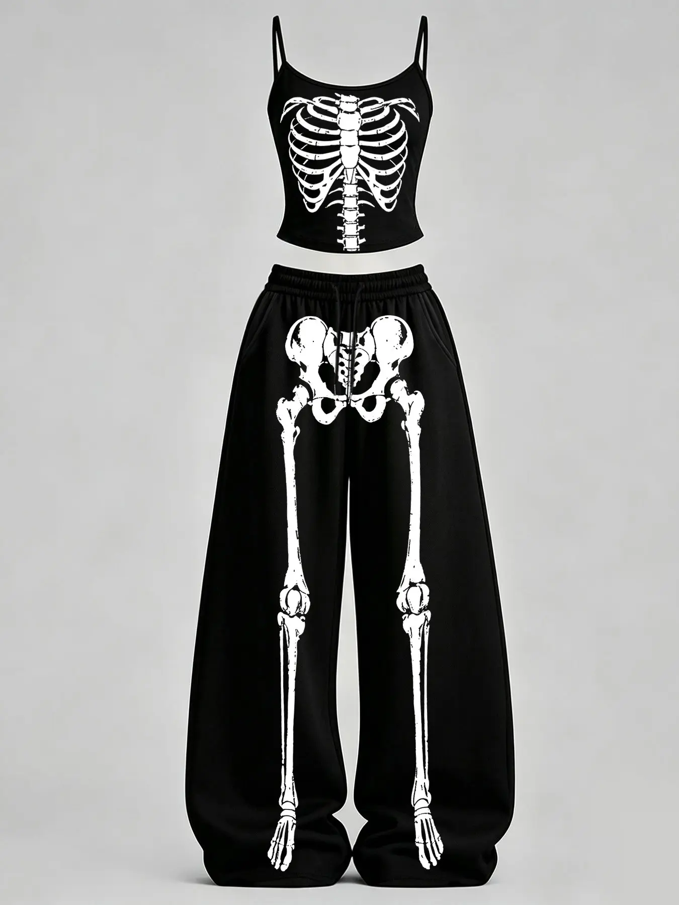 Halloween Women's Home Casual, Tomboy Femme Outfits, Skull Print Slim Fit Tank Top + Loose Pants Set, Gothic Dark Sweet Cool Style, Daily Commute, Streetwear, Campus, Home Relax
