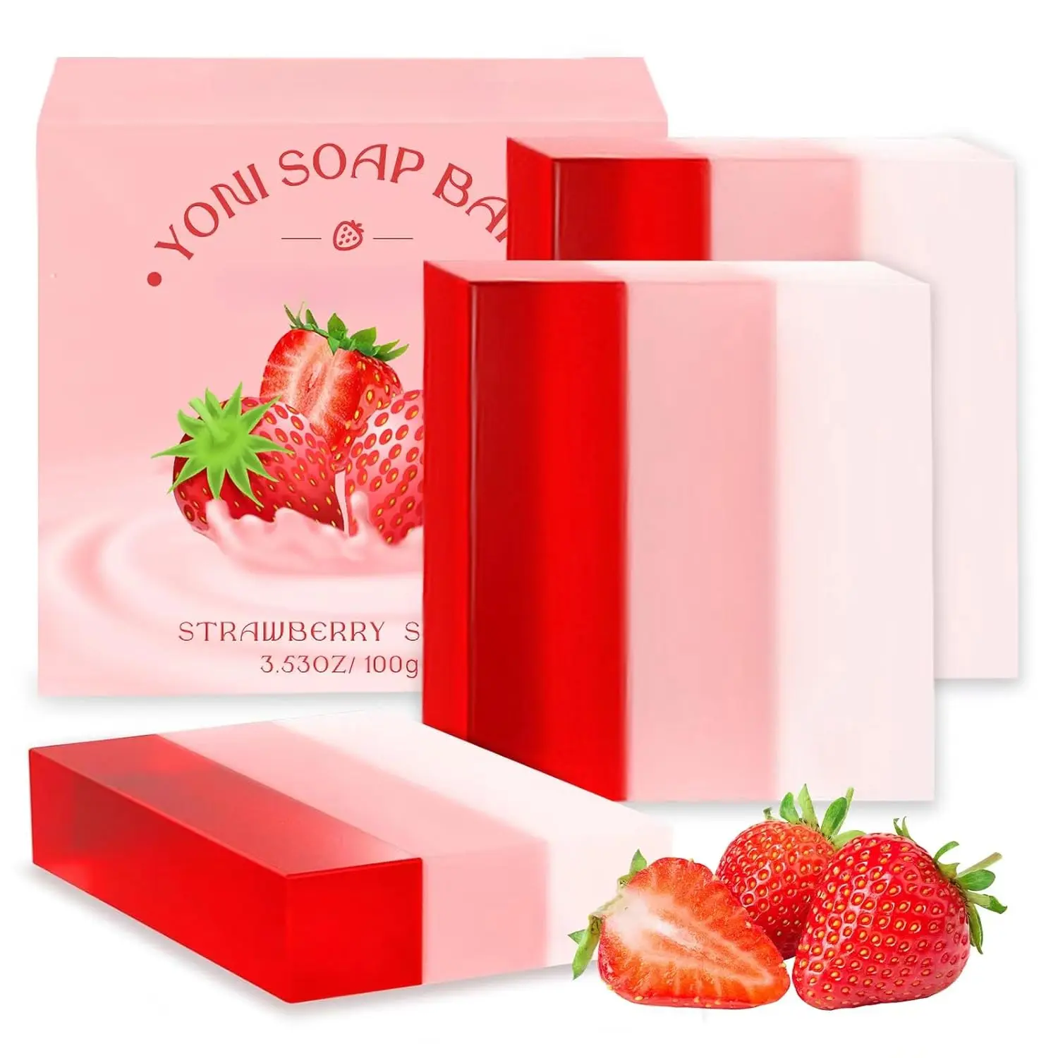 3 PCS Handmade Strawberry Scent Cleansing Soap Bar, pH Balancing Natural Soap with Coconut Oil, Gentle Full Body Cleanser