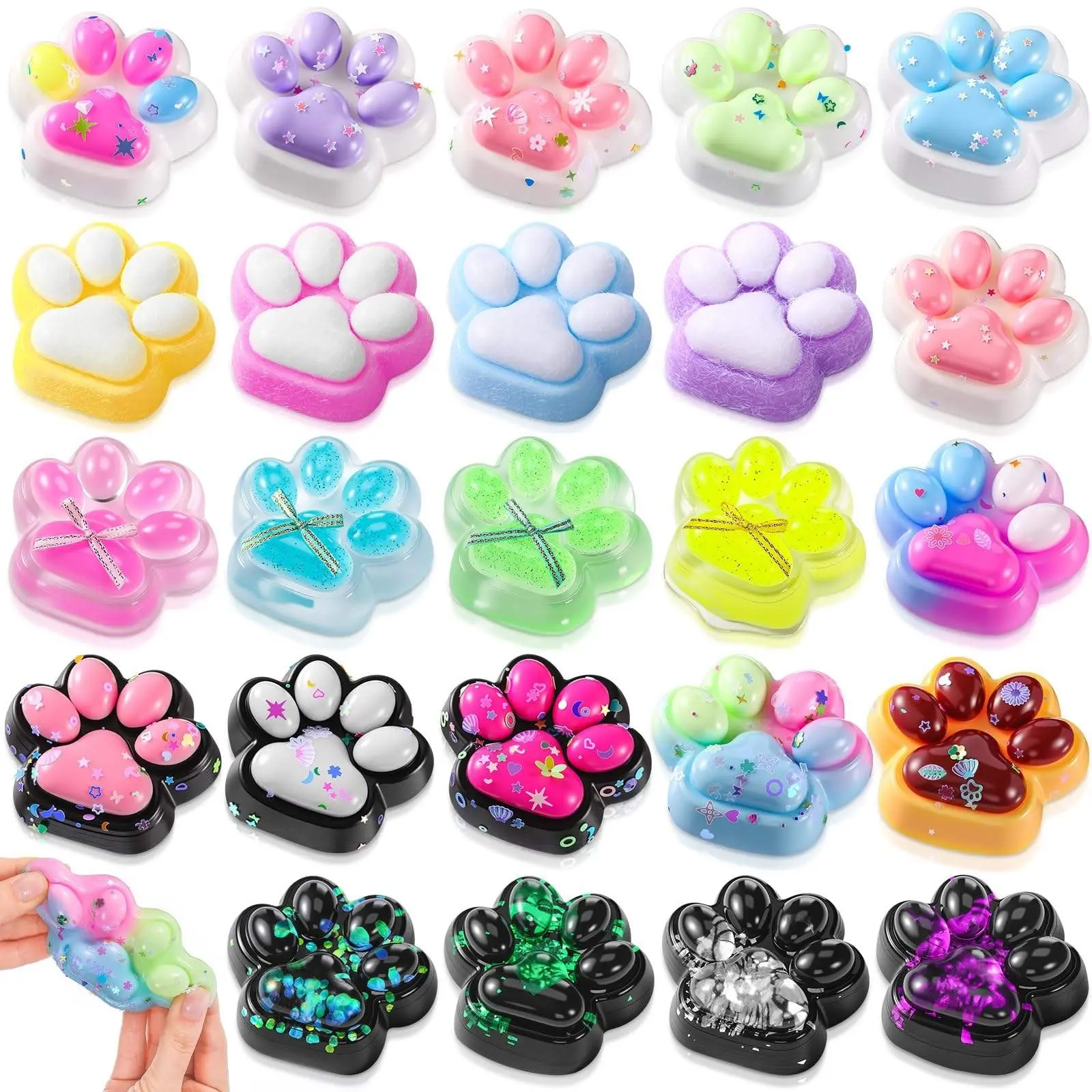 6/12/24 Piece Mini Cute Cat Paw Soft Rubber Toys - Soft Squeeze Animal Paw Toys with Glitter Confetti and Heart Details, Mixed Pastel Colors, Ideal for Easter Egg Basket Fillers and Halloween/Christmas Party Bag Decorations, Cat Toys .Random Color