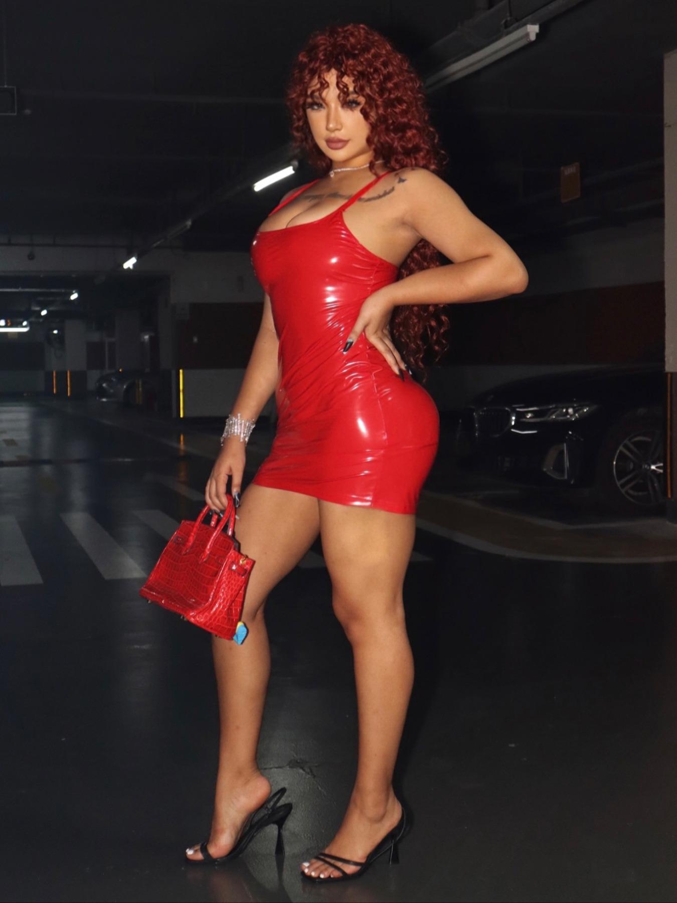 Women's Solid Color Pu Leather Sexy Sleeveless Cami Dress, Fashionable Glossy Spaghetti Strap Short Dress, Elegant Fitted Dresses for Party Club Dating Wear, Women Dress for Spring Fall, Womenswear, Party Dresses