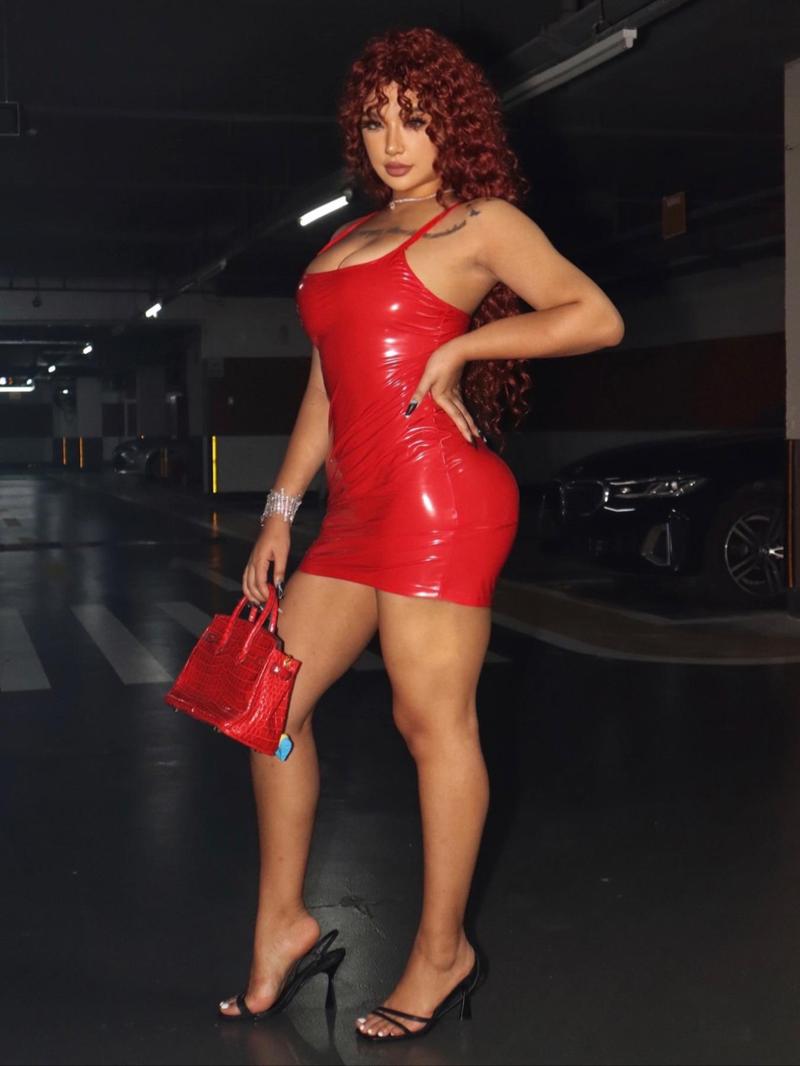 Women's Solid Color Pu Leather Sexy Sleeveless Cami Dress, Fashionable Glossy Spaghetti Strap Short Dress, Elegant Fitted Dresses for Party Club Dating Wear, Women Dress for Spring Fall, Womenswear, Party Dresses