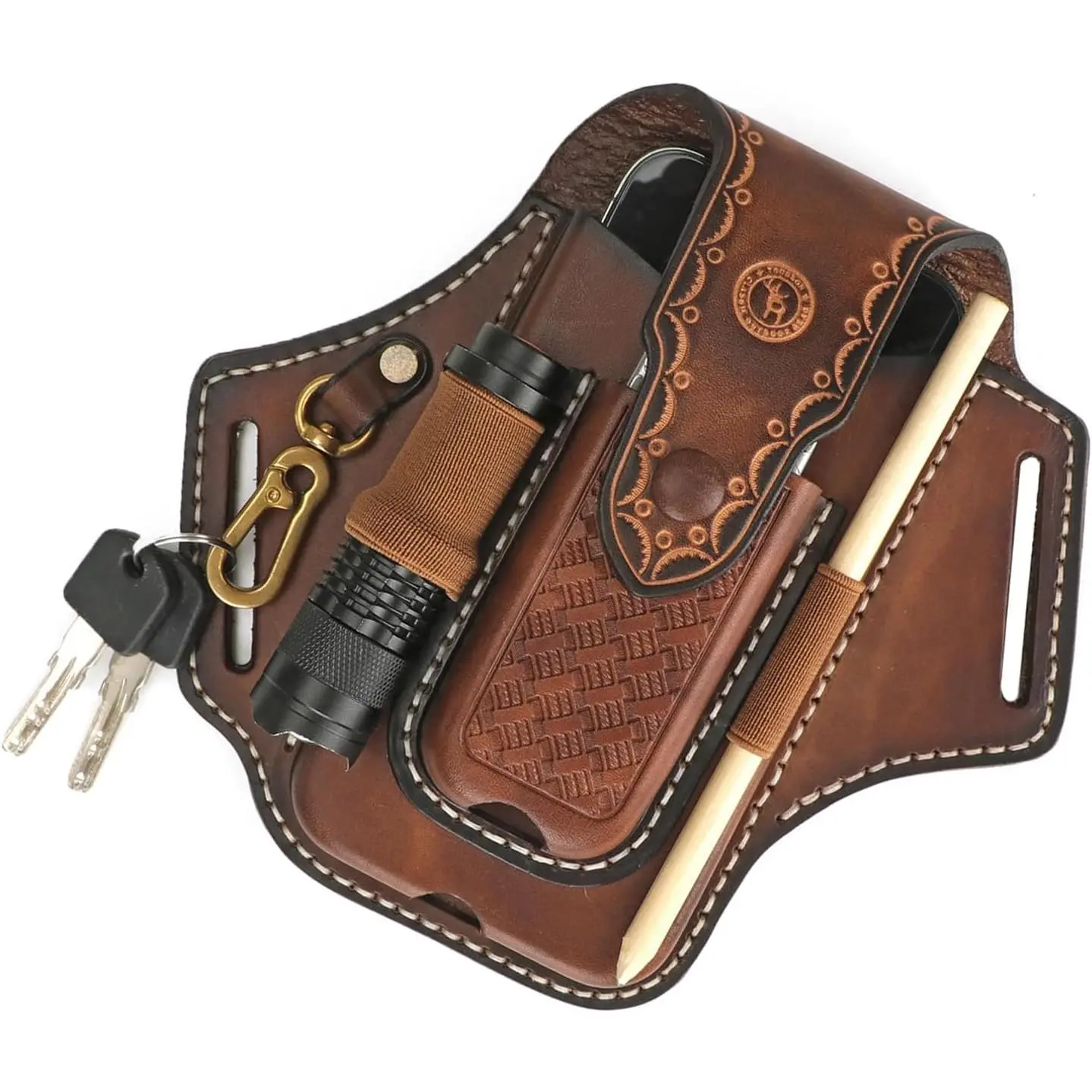 Tourbon Leather Cell Phone Holster Pouch Case Tool Multitool Sheath Flashlight Slot Holder &  Clip with  Closure for Belt (Brown)