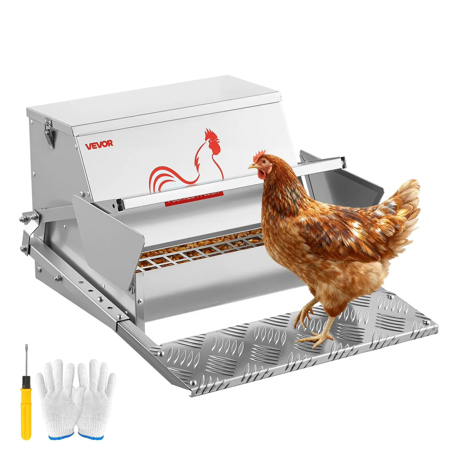 VEVOR Automatic Metallic Chicken Feeder, 25 lbs (11.34 kg) Capacity, Rainproof Treadle Feeder with Lockable Lid, No Waste, Galvanized Steel Build, Outdoor Use, 18.9-21.3x16.7x11.0 in, for Bantams Pheasants, Cleaner Coop, Automatic Chicken Feeder
