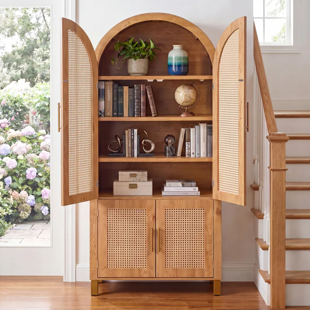 71-in Tall Sturdy Arched Top 4-Door Modern Bookcase - Density Board Wooden Cabinet with Open Built-In Curio Shelf, Adjustable Shelves, Quick Setup, Assembly Required, Low-Maintenance Display Cabinet Living Room Furniture, Space-Saving Design