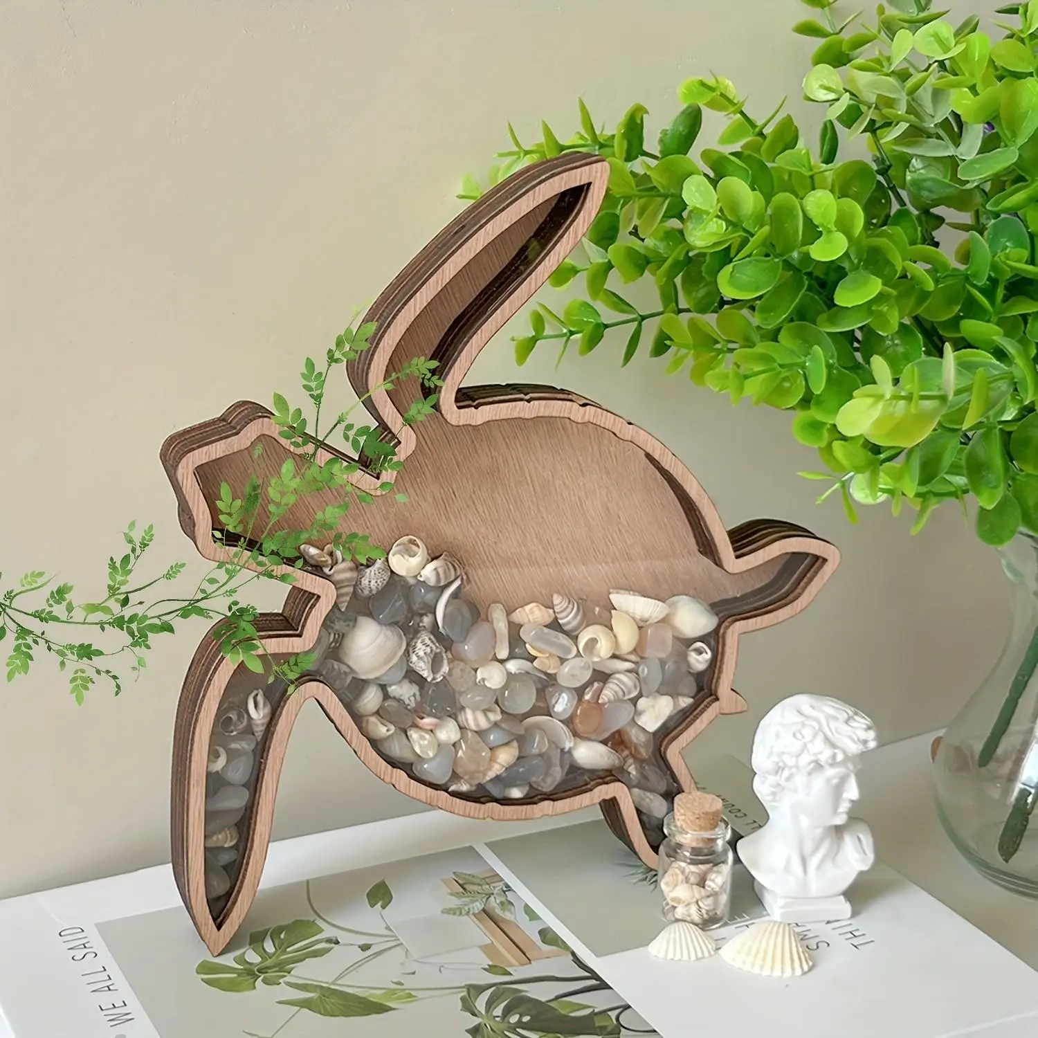 Turtle Wooden Shell Collection Display Box, Clear Acrylic Window Handcrafted Coastal Decor for Seashells Sea Glass, Beach Seashell Memorial Decoration Box, Unique Gift Idea, Desktop Storage Ornament, Creative Desktop Ornament, Home Decor Ornament