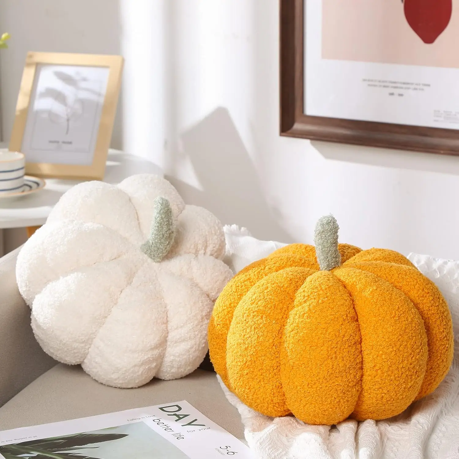 2 Pcs 3D Pumpkin Pillow Fall Decor,White, Yellow| 11 x 9.5 Inch Fall Throw Pillows, Room & Bedroom Home Decor for Fall Halloween Thanksgiving Sofa Couch