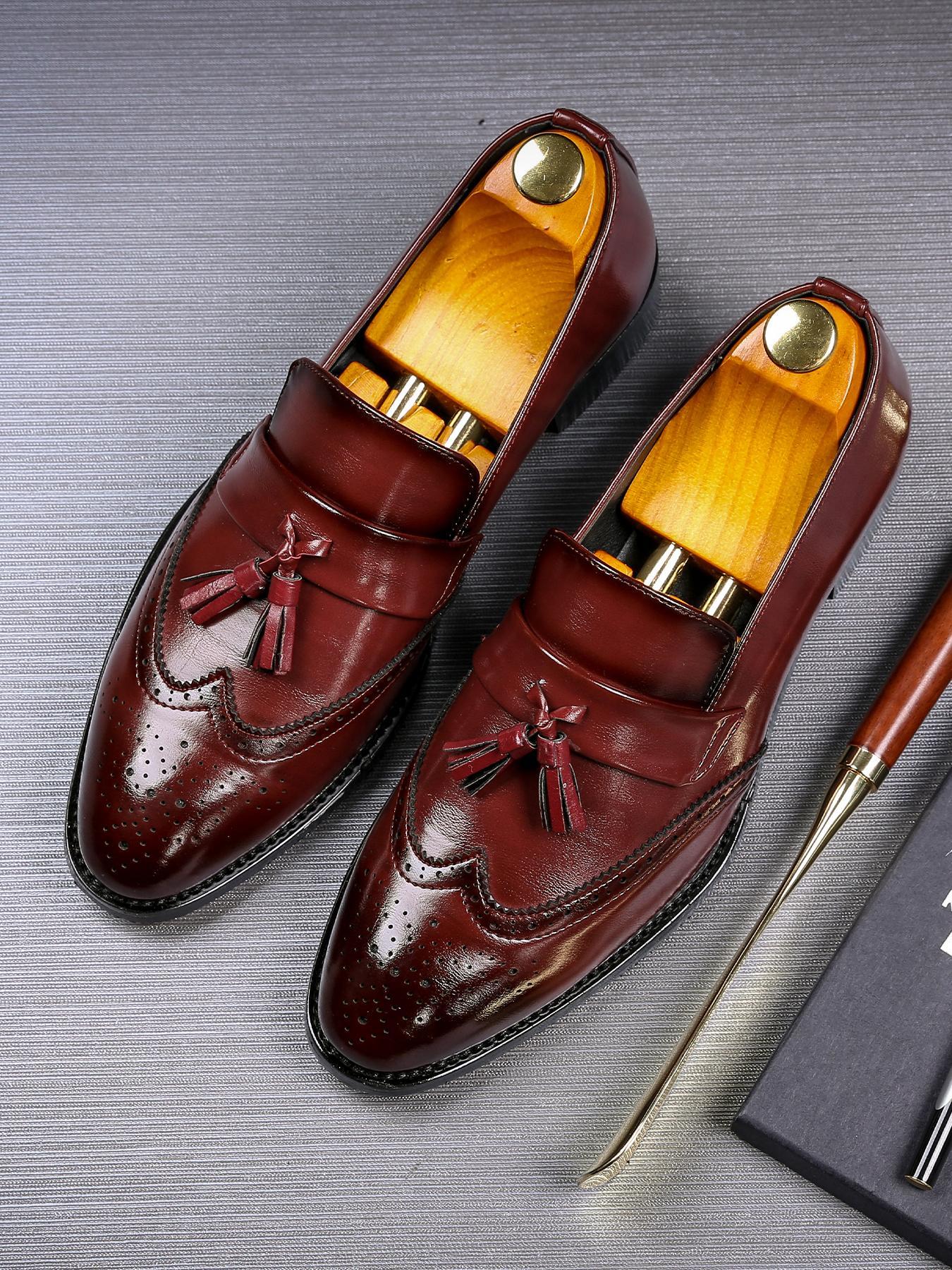 Men's Business Solid Color Classic Pointed Toe Tassel Decor Loafers, Fashionable PU Leather Dress Shoes for Work Office, Male All-match Commuter Shoes for Daily Wear