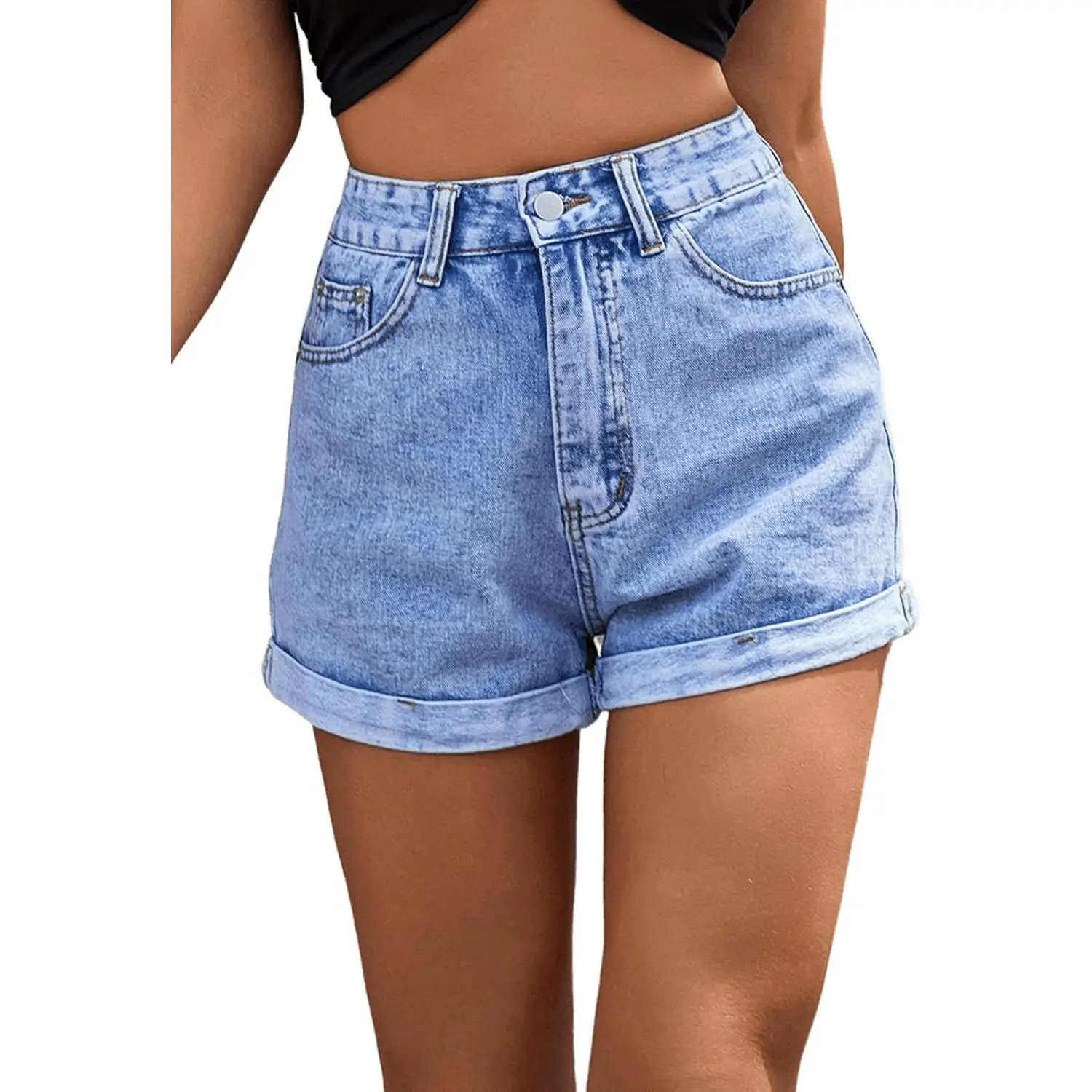 Women's Casual Denim Shorts, High Waisted Straight Leg Jean Bottoms with Rolled Cuff and Button Fly, Comfortable Viscose Blend, Lady, Hip, Beach, Machine Washable, Roll Up Cuff, Straight Leg Denim Shorts, No Stretchy, Cotton & Polyester, Small