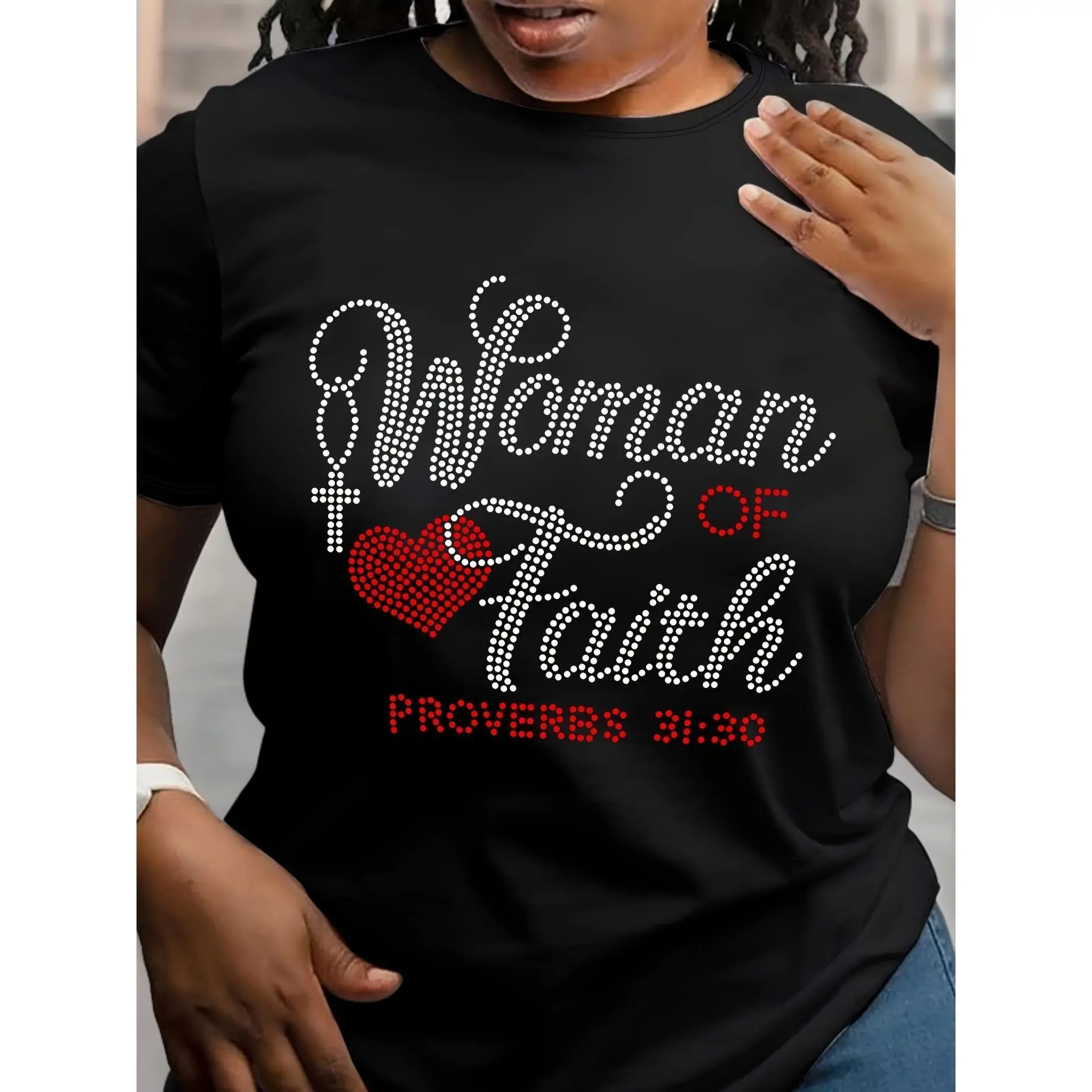 Christian Woman of Faith Proverbs 31:30 Faux Rhinestone Graphic Tee - Standard Pure Cotton Tshirt | Front Print Inspirational Scripture Top for Women & Men, Short Sleeve Crewneck Regular Fit