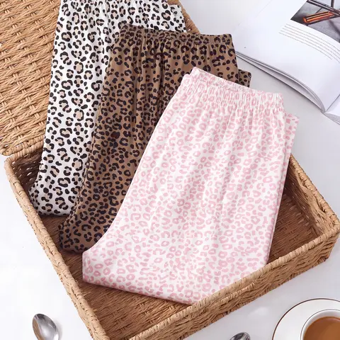 Women's Long Pajama Pants 3‑Pack, Wear All Seasons, Loungewear, stylish leopard graphic sleep bottoms, soft casual lounge trousers perfect for napping, bedtime rest and relaxed indoor leisure moments