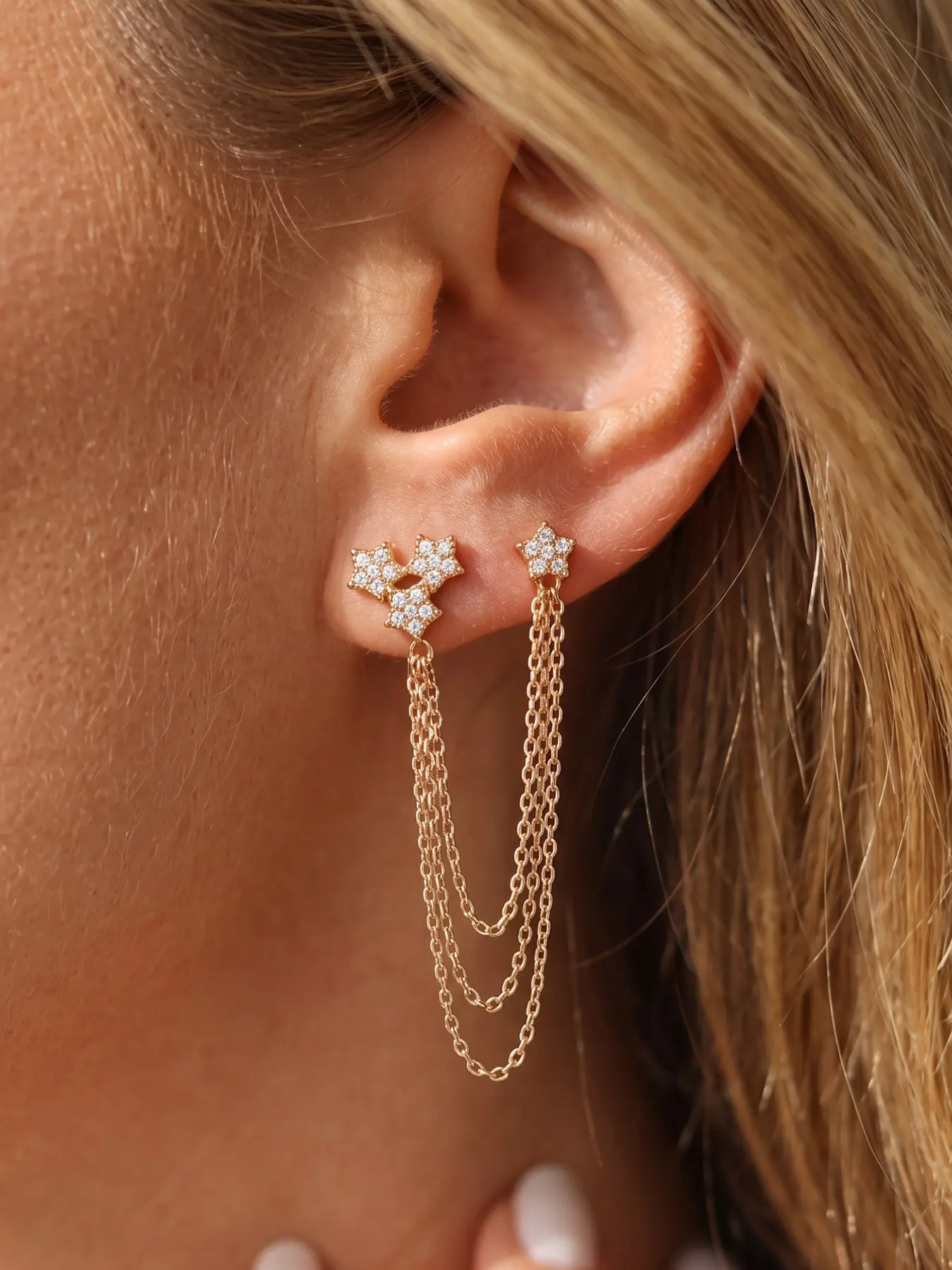 2Pcs Gold Plated Star Zircon Multi Layer Chain Tassel Drop Stud Earrings Dainty Celestial Hypoallergenic Jewelry for Women Daily Party