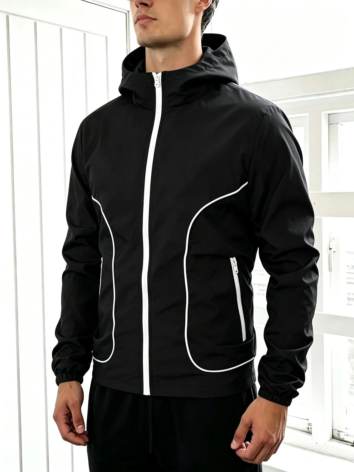 Men's Black Full Zip & Side Stripes Design Stand Up Hooded Windbreaker Casual Sport Jacket for Daily Streetwear Running Workout Outerwear Tops
