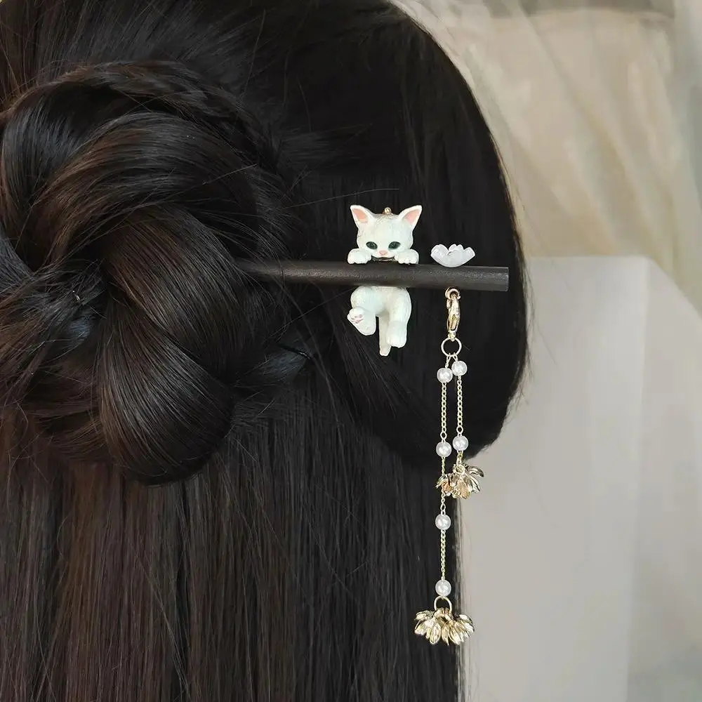 High Quality Chinese Style Wooden Hair Sticks Cat Pendant Vintage Hairpin Hanfu Cheongsam Headwear Women