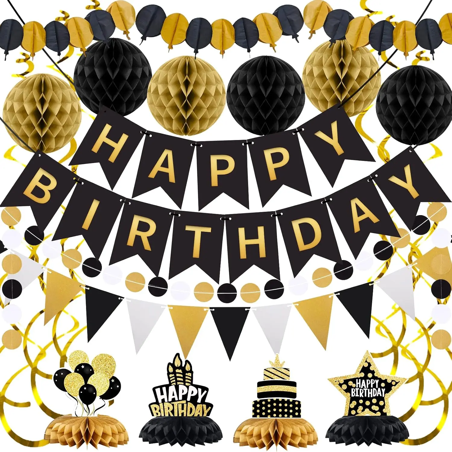 Birthday Decorations Kit, Black  Happy Birthday Banner with Table Centerpieces, Paper Garland,  Swirl Streamers &  Balls for  Birthday Party Decorations